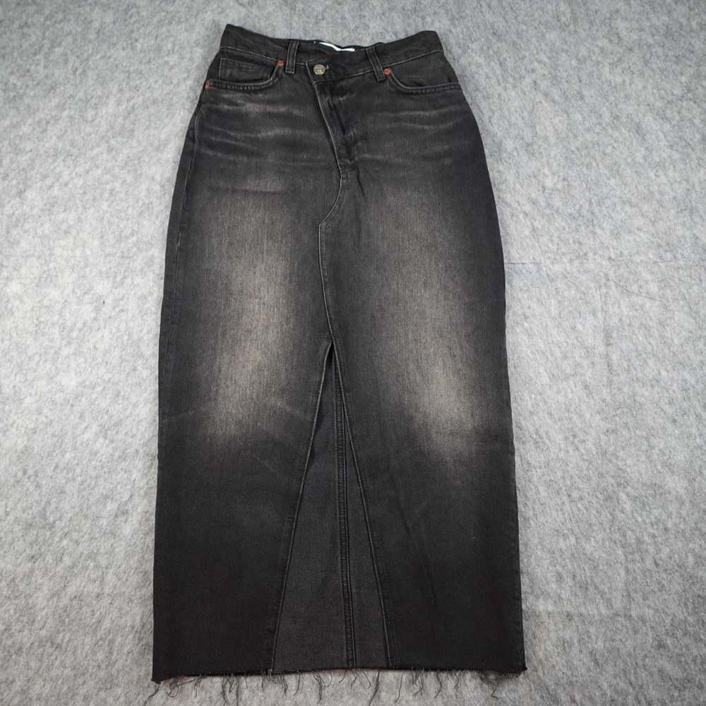 Reformation Skirt Women‎ 24 Black Nila Nome Wash Long Denim Front Slit Raw Hem